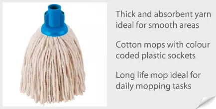 The thick absorbent yarn for smooth surfaces on the JanSan® Socket Mop Head PY 12 Blue is available in four colours for everyday usage, allowing for colour tagging.Socket Mop Head PY 12oz Blue
