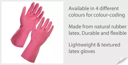 Rubber Household Gloves Medium Pink-Lightweight, textured latex gloves called 